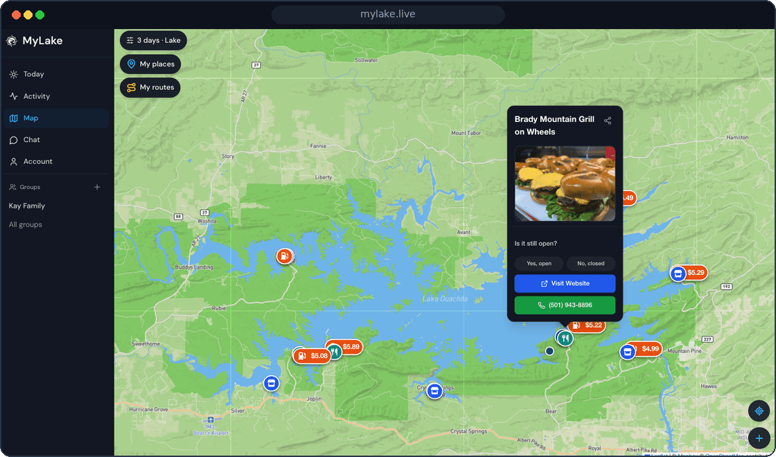 MyLake live lake map on desktop — places, markers, and activity